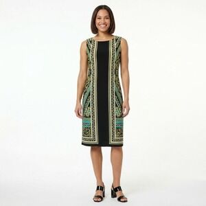 Alfani Womens Sleeveless Geometric Border Print Sheath Dress Black Green‎ Size M